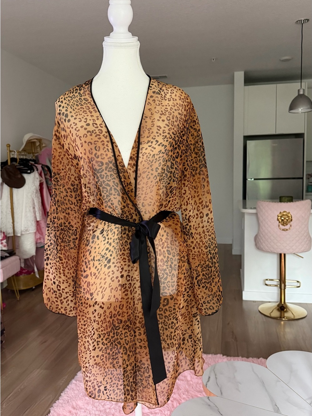 Y2K timeless Leopard Print Sheer Robe with Black Sash size S